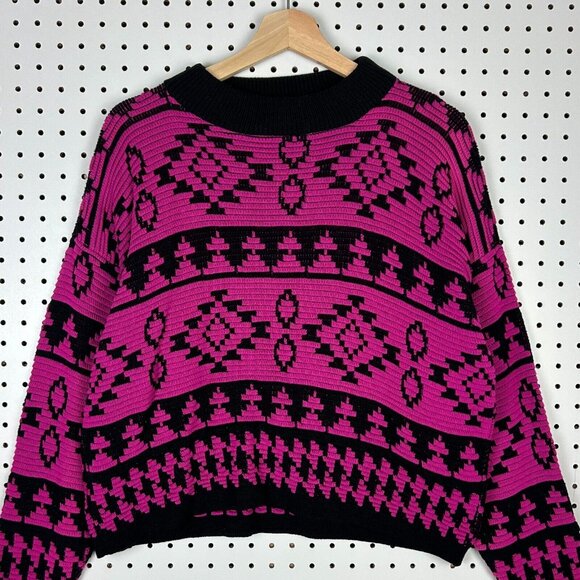 Vtg 90s Aztec Pink Black Sweater Women's Medium USA Made Western Cropped Y2K - Picture 2 of 6